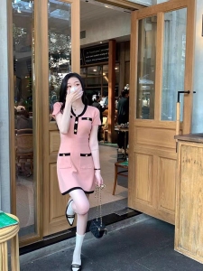 RM10181#巴黎小香风针织连衣裙女夏季新款高级感名媛气质粉色针织包臀裙女
