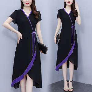 RM10430#大码女装2023夏季新款纯色韩版显瘦系带荷叶边优雅a版连衣裙