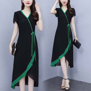 RM10430#大码女装2023夏季新款纯色韩版显瘦系带荷叶边优雅a版连衣裙