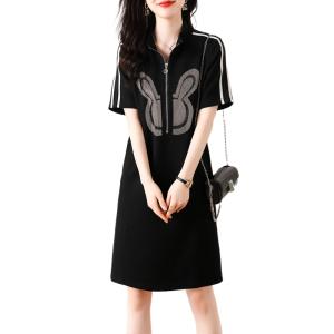 RM11024#轻奢时尚立领烫钻卫衣裙短袖连衣裙女