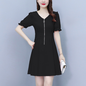 RM10431#大码女装2023夏季新款韩版显瘦个性拉链蝴蝶结纯色连衣裙女