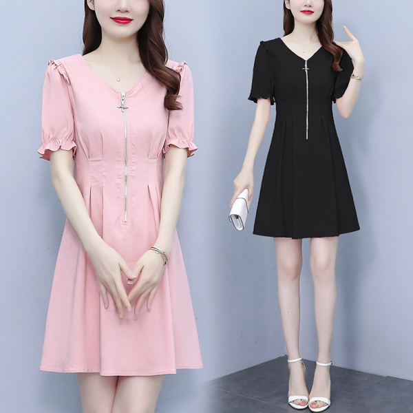 RM10431#大码女装2023夏季新款韩版显瘦个性拉链蝴蝶结纯色连衣裙女