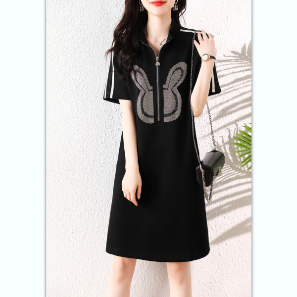 RM11024#轻奢时尚立领烫钻卫衣裙短袖连衣裙女