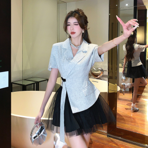 RM21354#夏季韩版小个子拼接网纱绑带性感假两件短裙连衣裙