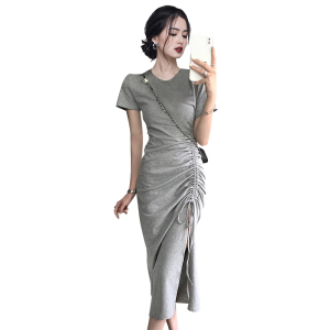 RM10105#新款女装收腰显瘦开叉包臀连衣裙