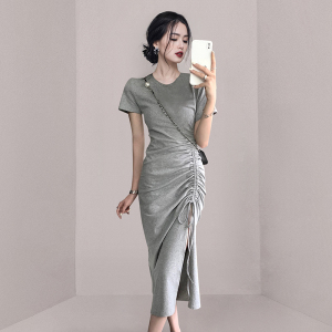 RM10105#新款女装收腰显瘦开叉包臀连衣裙