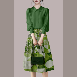 TR28692# 绿色衬衫印花A字半裙休闲套装女新款时尚两件套夏季 服装批发女装批发服饰货源
