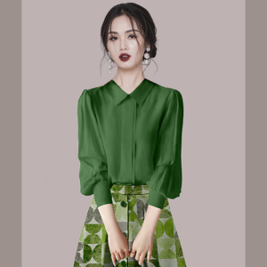 RM11900#绿色衬衫印花A字半裙休闲套装女2023新款时尚两件套夏季