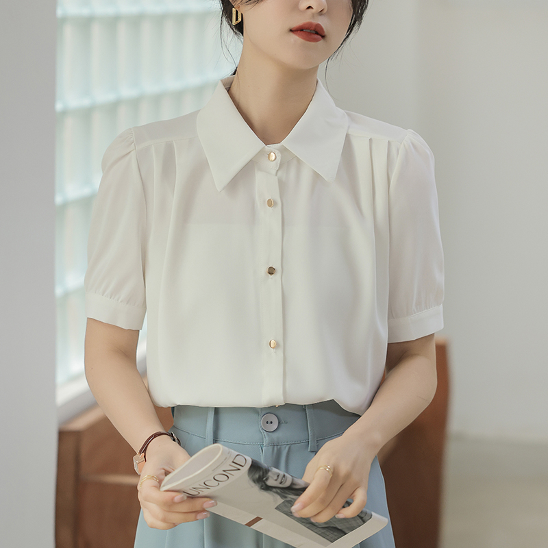 夏季新款短袖襯衫女職業白色襯衣面試正裝工作服寬松百搭雪紡上衣