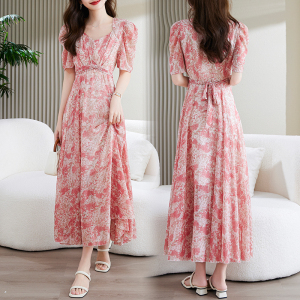 RM23181#粉色碎花连衣裙女2023夏季新款茶歇法式高级感度假风到脚踝沙滩裙