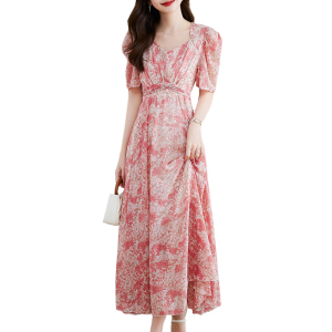 RM23181#粉色碎花连衣裙女2023夏季新款茶歇法式高级感度假风到脚踝沙滩裙