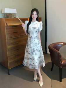 RM14390#夏季新中式改良旗袍复古盘扣气质水墨收腰显瘦连衣裙
