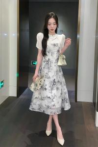 RM14390#夏季新中式改良旗袍复古盘扣气质水墨收腰显瘦连衣裙