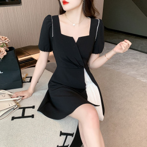 RM11156#赫本风黑色连衣裙2023女新款夏季泡泡袖别致女装裙子