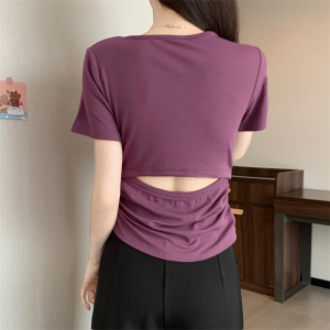 RM12359#辣妹心机短款T恤后背镂空设计感修身褶皱收腰短袖上衣