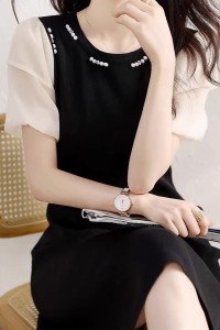 RM10343#冰丝针织赫本风小黑裙2023夏季新款小香风通勤气质灯笼袖显瘦裙子