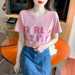 RM10571#夏季新款圆领套头纯棉T恤粉色甜美减龄短袖字母上衣女