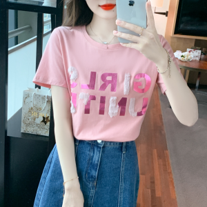 RM10571#夏季新款圆领套头纯棉T恤粉色甜美减龄短袖字母上衣女