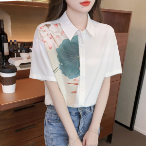 RM18157#夏季新款港风复古印花拼接短袖衬衫女设计感不规则上衣