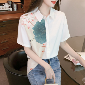 RM18157#夏季新款港风复古印花拼接短袖衬衫女设计感不规则上衣