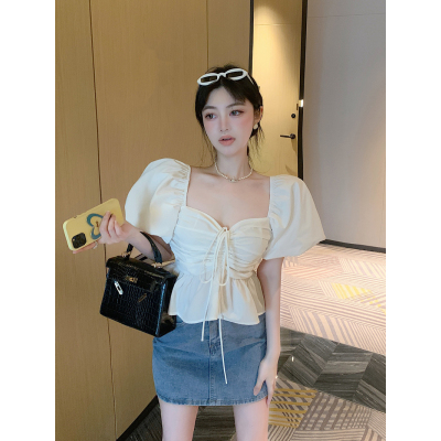實拍法式方領襯衫女2023新款泡泡袖設計感公主風修身顯瘦長袖上衣