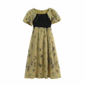 RM18775#夏法式复古泡泡袖桔梗方领设计感印花大摆假两件连衣裙女