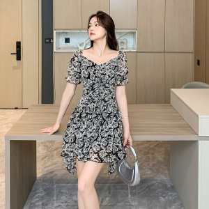 RM10854#法式气质碎花短袖夏季新款高级感收腰显瘦a字连衣裙