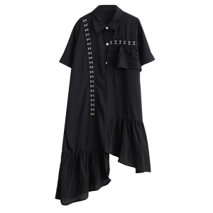 RM14118#夏季新款宽松大码褶皱拼接个性金属扣装饰不规则连衣裙