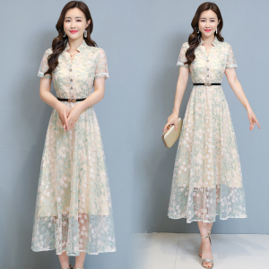 RM19151#夏季新款短袖蕾丝绣花连衣裙气质修身中长裙女