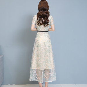 RM19151#夏季新款短袖蕾丝绣花连衣裙气质修身中长裙女