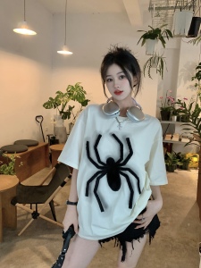 TR27133# 美式复古炸街蜘蛛印花圆领短袖T恤女长短款上衣 服装批发女装批发货源