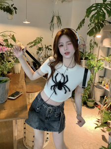 TR27133# 美式复古炸街蜘蛛印花圆领短袖T恤女长短款上衣 服装批发女装批发货源