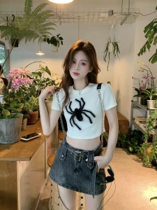 TR27133# 美式复古炸街蜘蛛印花圆领短袖T恤女长短款上衣 服装批发女装批发货源