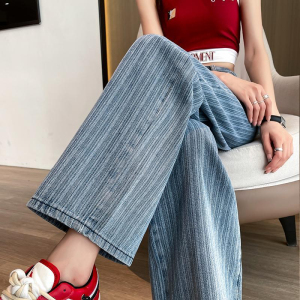 RM10282#浅蓝阔腿牛仔裤女2023年夏季新款高腰宽松显瘦设计感竖条纹直筒裤