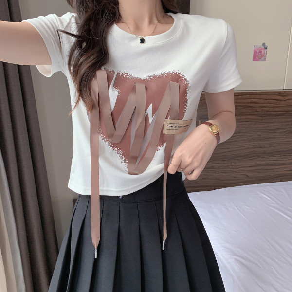 RM16992#夏季新款韩版设计感爱心字母短袖重工飘带显瘦上衣T恤女
