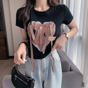 RM16992#夏季新款韩版设计感爱心字母短袖重工飘带显瘦上衣T恤女