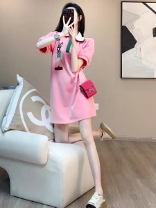 RM16414#欧货漂亮连衣裙女夏收腰显瘦遮肚洋气活泼减龄粉色短袖休闲polo裙