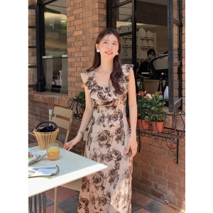 RM10785#夏季新款法式优雅方领印花长款裙子无袖雪纺连衣裙女