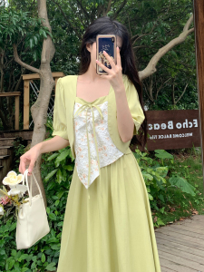 RM13699#大码女装夏季不规则方领衬衫设计感胖妹妹松紧腰遮肉假两件连衣裙
