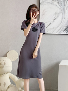 RM10344#欧货高端大码设计感优雅夏季新款短袖长裙不规则休闲气质连衣裙女