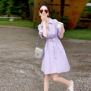 RM13647#紫色衬衫裙女2023夏新款短袖设计感甜美气质收腰小个子连衣裙