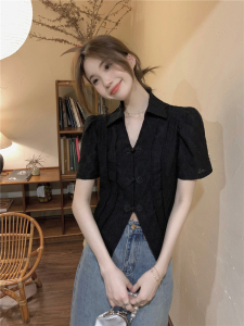 TR29233# 韩版中式复古泡泡短袖衬衫蕾丝Polo领盘扣设计上衣 服装批发女装批发服饰货源