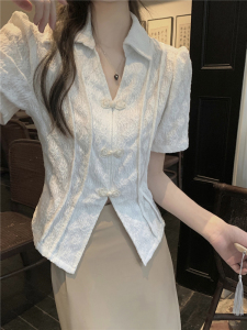 TR29233# 韩版中式复古泡泡短袖衬衫蕾丝Polo领盘扣设计上衣 服装批发女装批发服饰货源