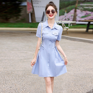 RM13650#蓝色衬衫连衣裙女装夏季2023年新款收腰polo领小个子裙子显瘦女生
