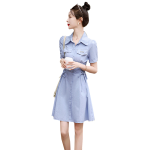 RM13650#蓝色衬衫连衣裙女装夏季2023年新款收腰polo领小个子裙子显瘦女生