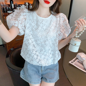 RM11163#泡泡袖刺绣花朵蕾丝2023夏季新款白色法式娃娃衫短袖上衣潮