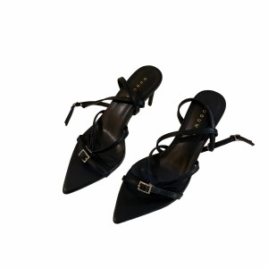 X-29695# 新款露趾一字扣水钻高跟鞋细跟黑色绸缎性感百搭凉鞋女 鞋子批发女鞋货源