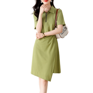 RM11025#春夏装新品轻奢大码时尚翻领短袖压褶显瘦设计连衣裙