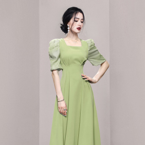 RM10671#新款夏装女装气质法式方领泡泡袖收腰显瘦中长款连衣裙