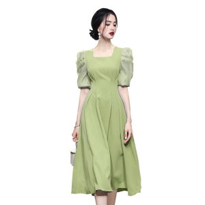 RM10671#新款夏装女装气质法式方领泡泡袖收腰显瘦中长款连衣裙